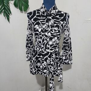 INC International Concepts Black White Betlted Button Blouse Shirt